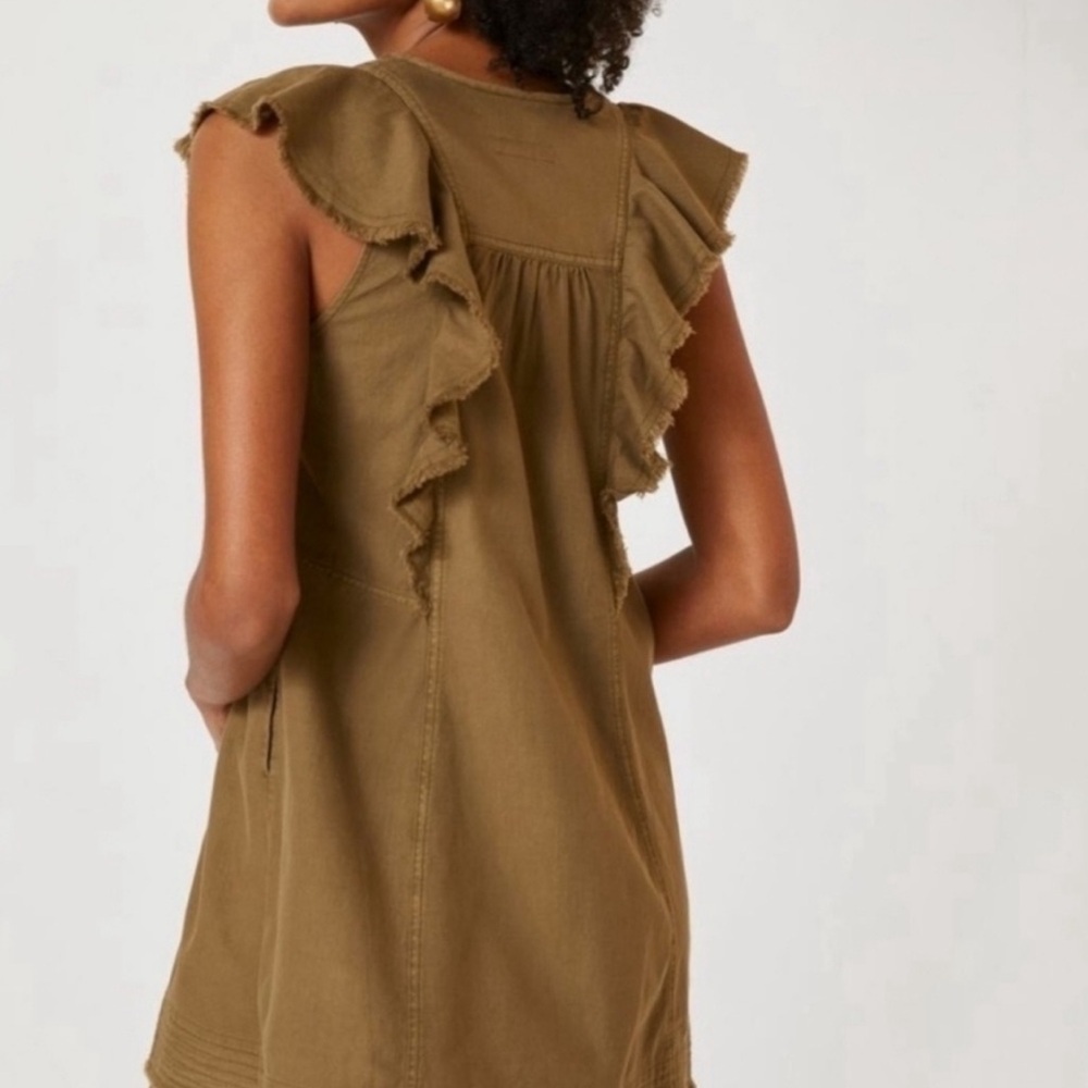 Pilcro Flutter-Sleeve Buttondown Tunic Dress in Moss Brown - Size L - Picture 2 of 14